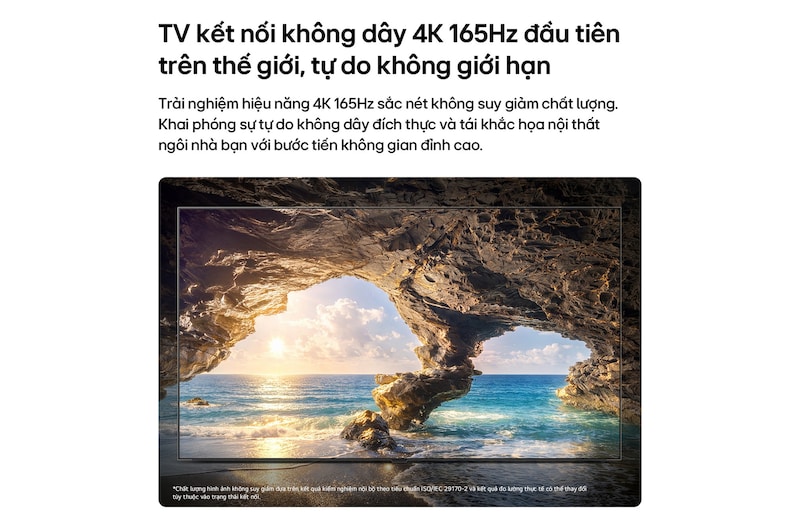 LG OLED evo AI W6 Wallpaper TV with Visually Lossless performance displays a sunlit ocean cave scene in 4K 165Hz, preserving fine detail, natural color, and smooth motion wirelessly.